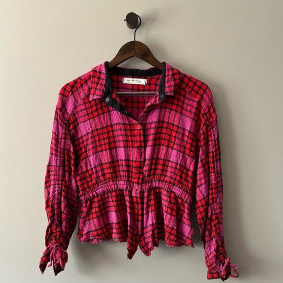 We the Free People Pacific Dawn Plaid Peplum Blouse Size Medium Pink & Red - Picture 1 of 12